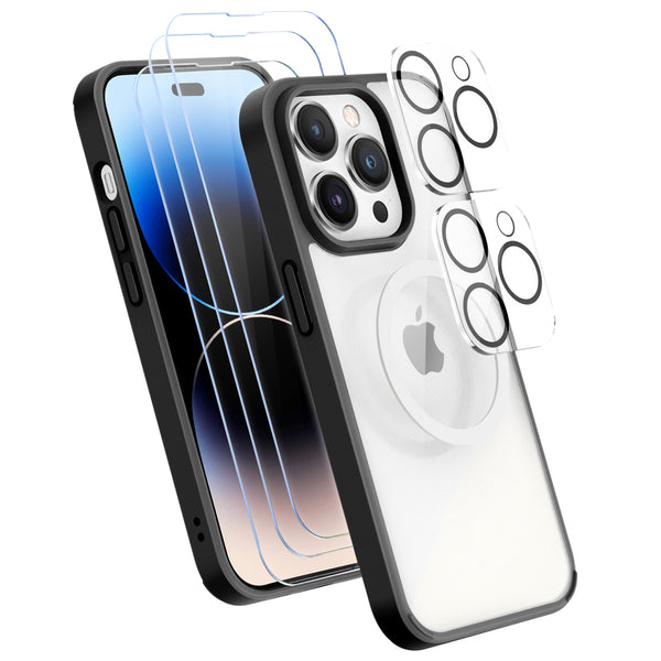 XClear (6 in 1 Bundle) For iPhone 14 Pro Max : 3-pack Screen Protector & 2 Pack Camera Lens Protector & 1pc Clear Case - Black