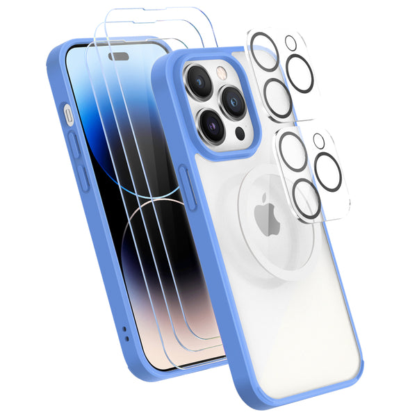 XClear (6 in 1 Bundle) For iPhone 14 Pro Max : 3-pack Screen Protector & 2 Pack Camera Lens Protector & 1pc Clear Case - Tranquil Blue