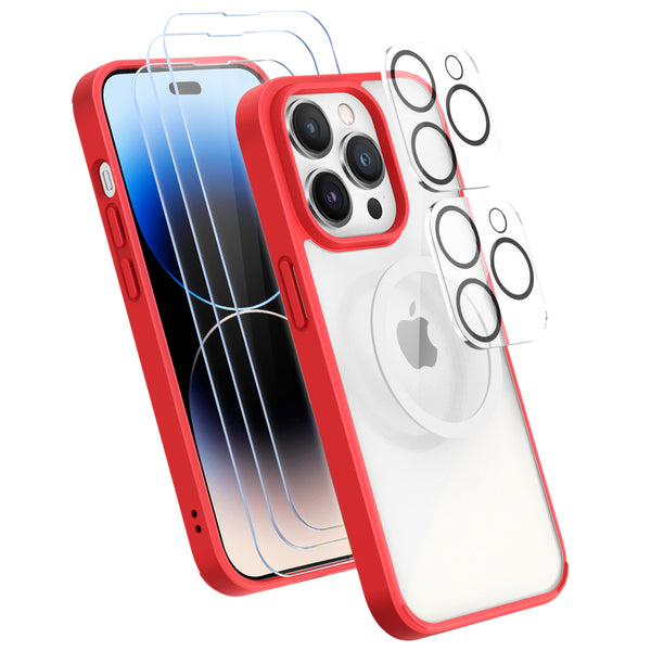 XClear (6 in 1 Bundle) For iPhone 14 Pro Max : 3-pack Screen Protector & 2 Pack Camera Lens Protector & 1pc Clear Case - Red